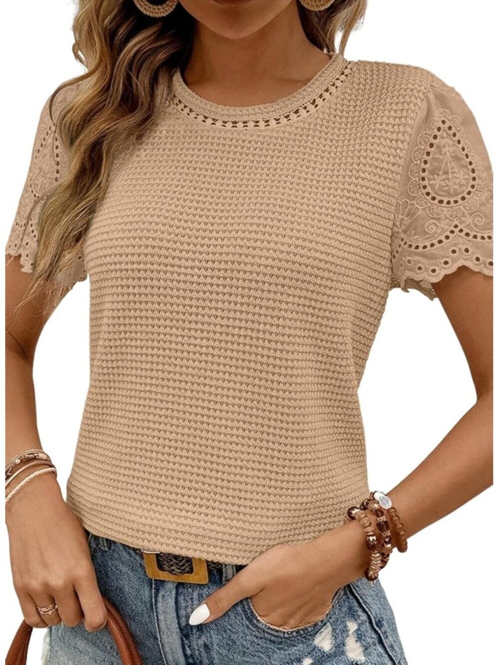 Women's Khaki T Shirts Frenchy Summer Tops Crewneck Short Sleeve Top Shirts